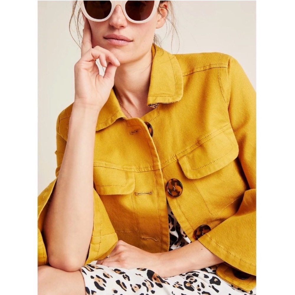 Anthropologie Nora Flounce Sleeved Trucker Jacket in Mustard - S - Picture 2 of 15